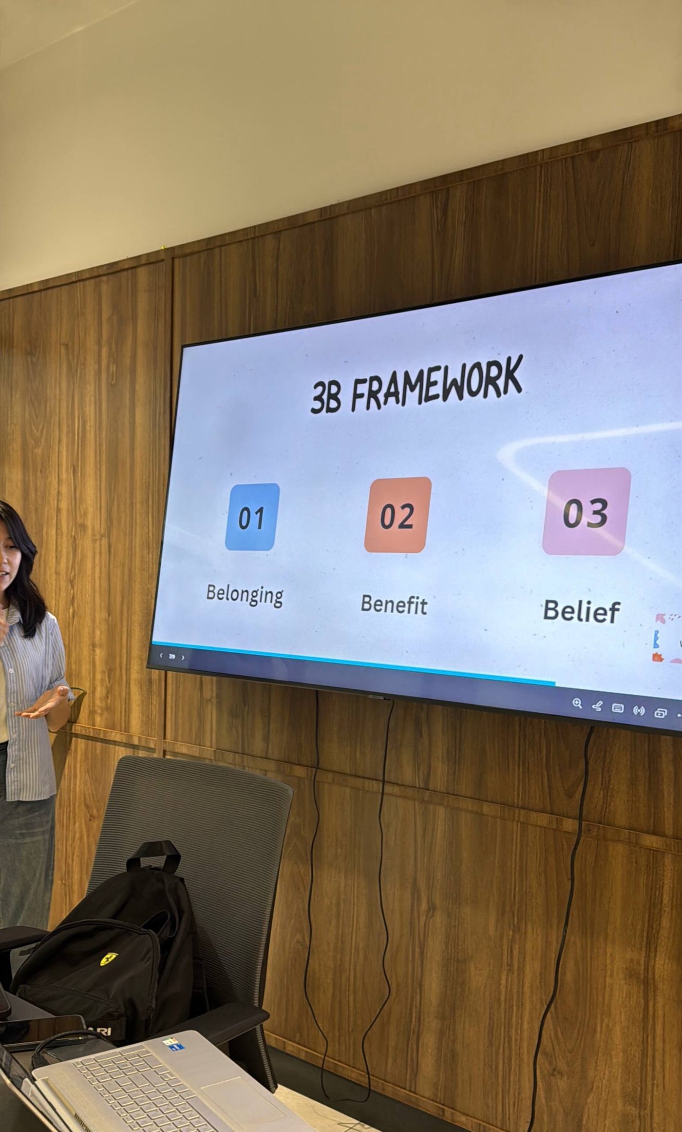 A facilitator presenting the 3B Framework — Belonging, Benefit, Belief — on a screen