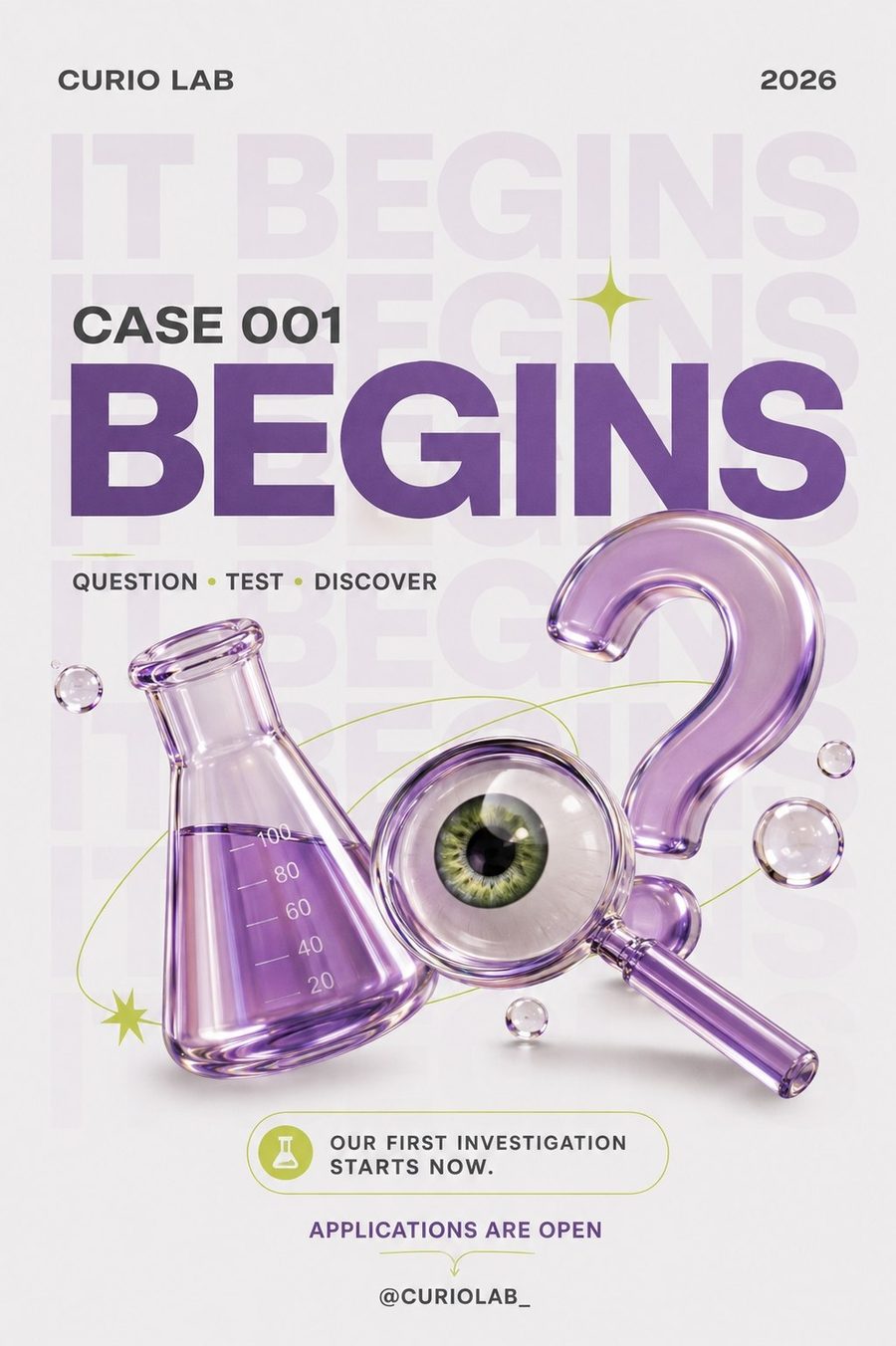 Curio Lab poster — Case 001 begins, question test discover